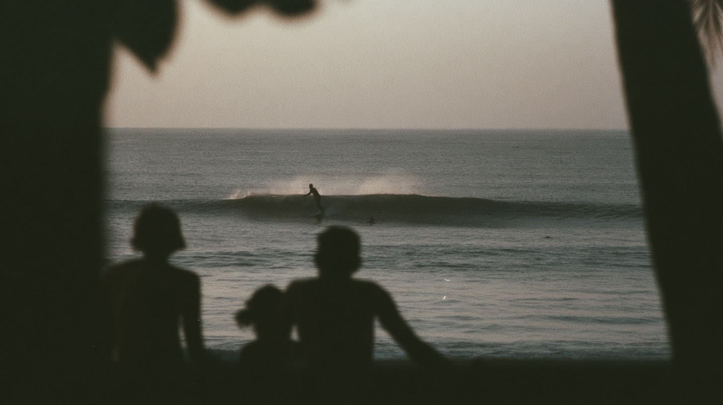 Figures watching the surf from the palm shade