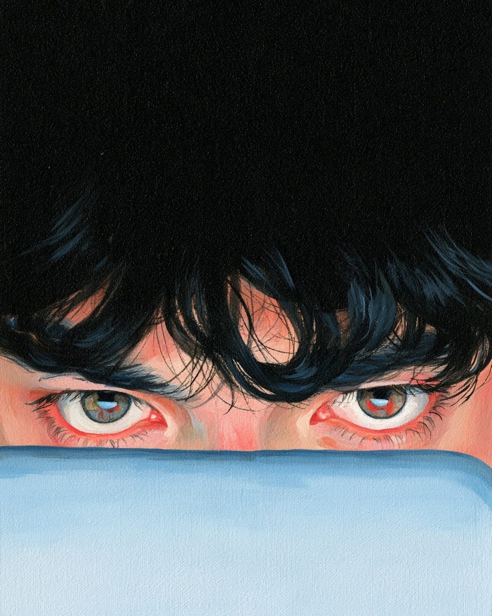 A painted close-up of two eyes over the edge of a blue blanket