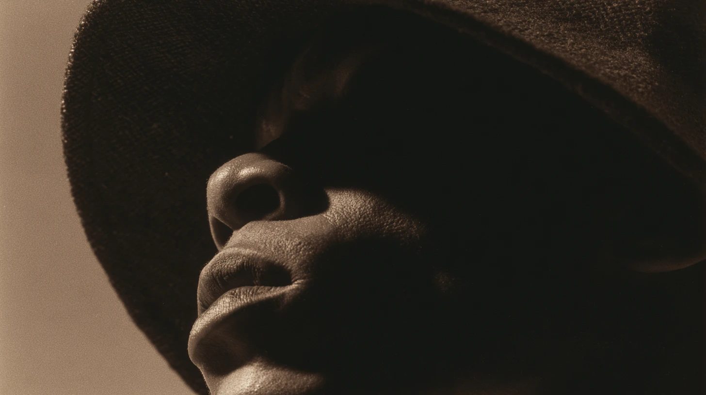 Close on a face under the brim of a woven hat