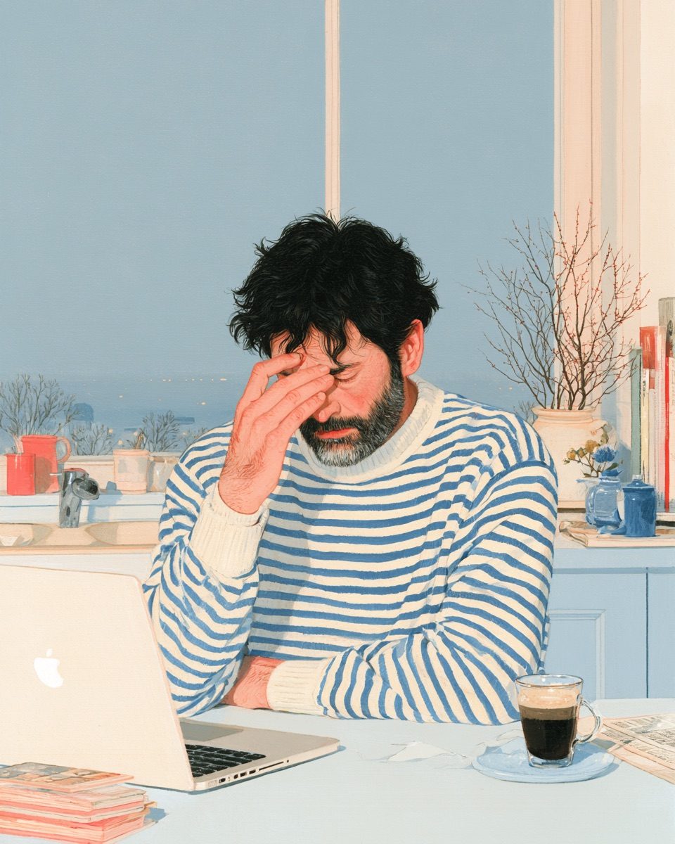 A painted scene of a man pressing his eyes shut at a laptop by a window