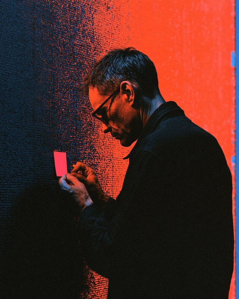 A man in glasses pinning a pink card to a textured wall split red and blue