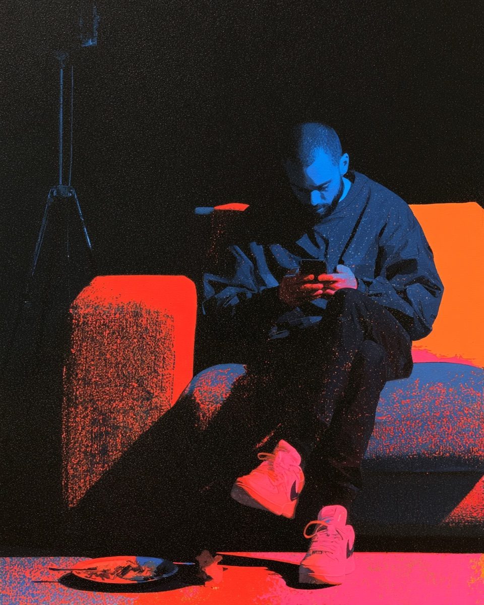 A man on a sofa at night lit blue and red by the phone in his hands